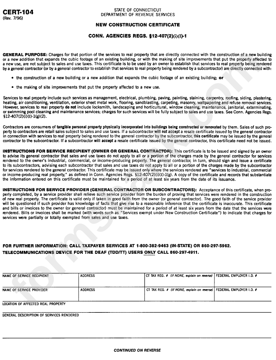Form Cert-104 - New Construction Certificate - Department Of Revenue Services - Connecticut