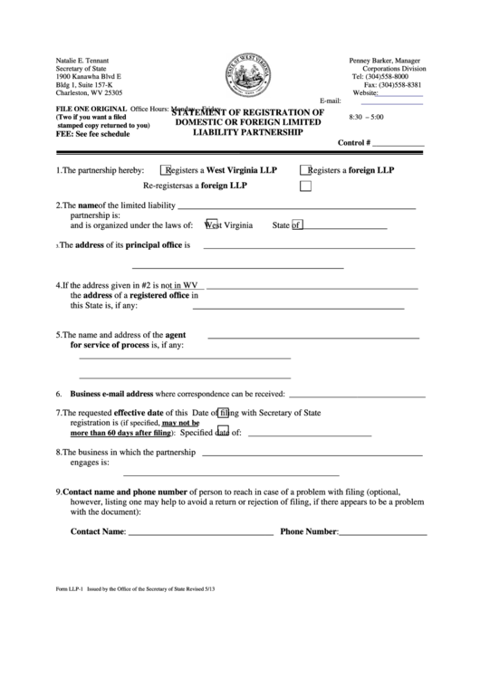 Fillable Form Llp-1 - Statement Of Registration Of Domestic Or Foreign Limited Liability Partnership Printable pdf