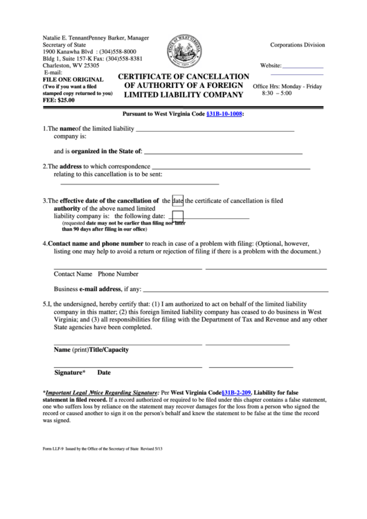 Fillable Form Llf-9 - Certificate Of Cancellation Of Authority Of A Foreign Limited Liability Company 2013 Printable pdf