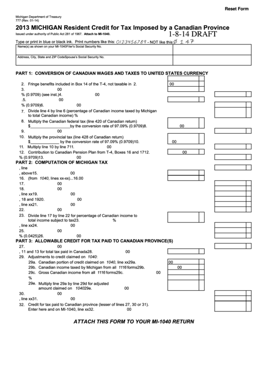 Fillable Form 777 Draft - Michigan Resident Credit For Tax Imposed By A Canadian Province - 2013 Printable pdf