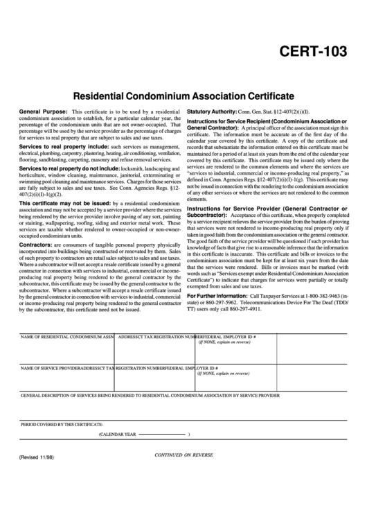 Fillable Form Cert-103 - Residential Condominium Association Certificate - Connecticut Printable pdf