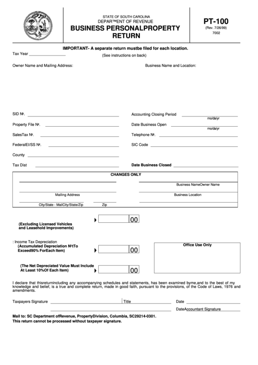 Form Pt 100 Business Personal Property Return Printable Pdf Download