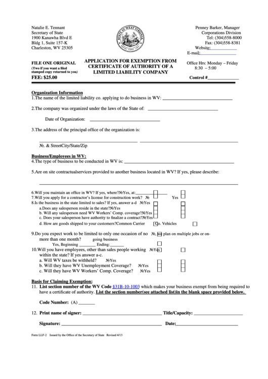 Fillable Form Llf-2 - Application For Exemption From Certificate Of 