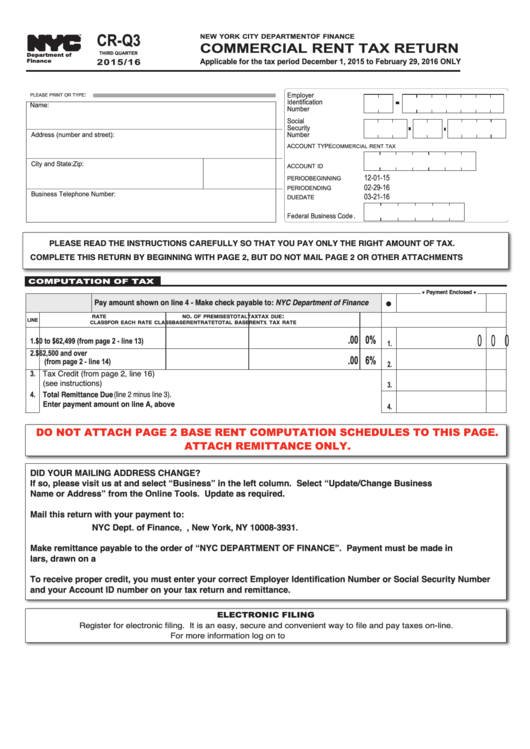 Form Cr-Q3 - Commercial Rent Tax Return - 2015/16 Printable pdf