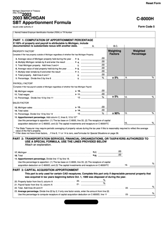 Fillable Form C-8000h - Michigan Sbt Apportionment Formula - 2003 Printable pdf