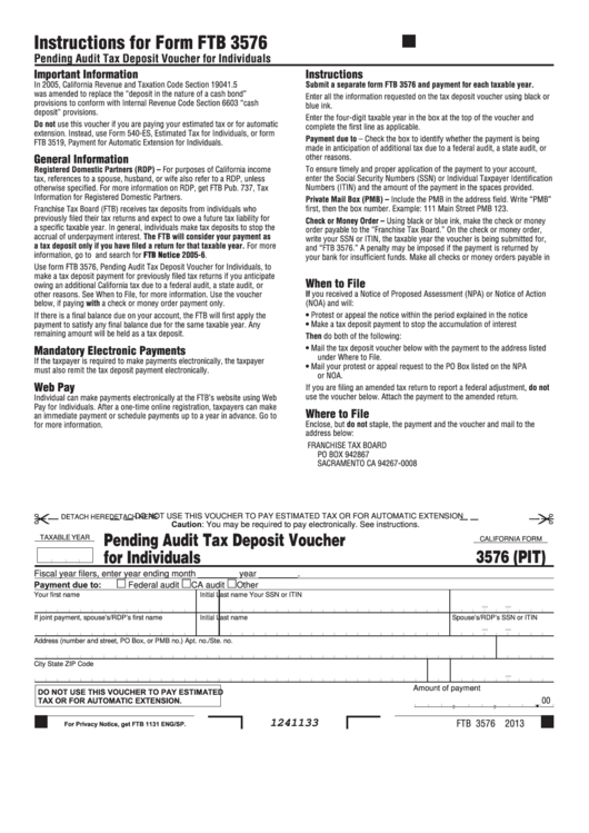 Fillable California Form 3576 (Pit) - Pending Audit Tax Deposit Voucher For Individuals - 2013 Printable pdf