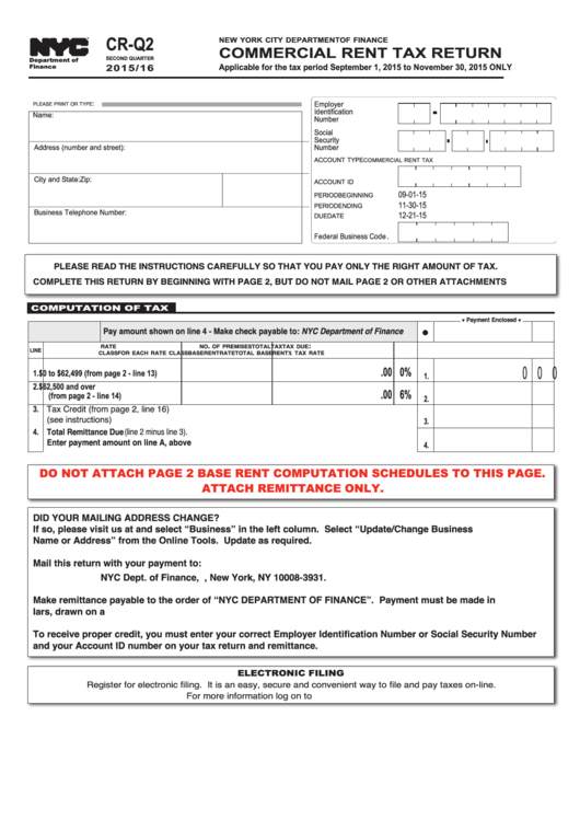 Form Cr-Q2 - Commercial Rent Tax Return - 2015/16 Printable pdf