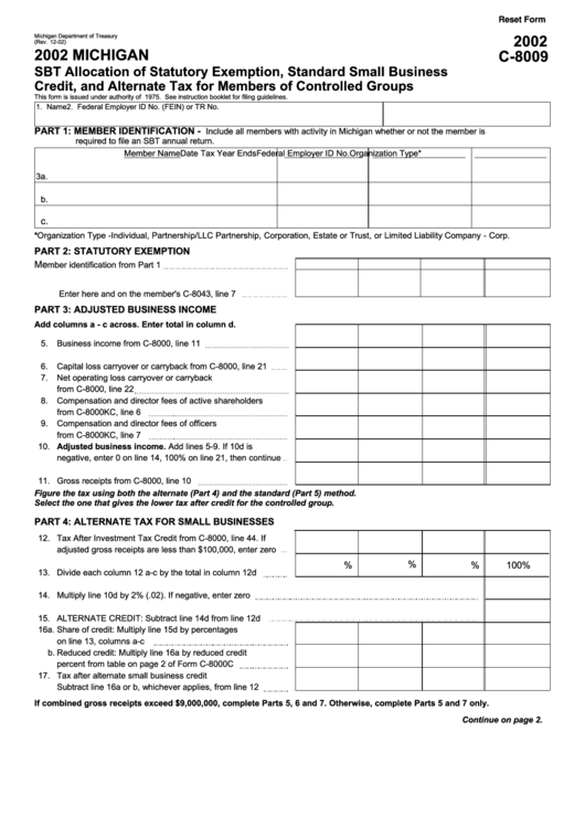 Fillable Form C-8009 - Michigan Sbt Allocation Of Statutory Exemption, Standard Small Business Credit, And Alternate Tax For Members Of Controlled Groups - 2002 Printable pdf