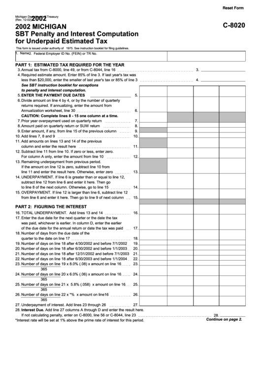 Fillable Form C-8020 - Michigan Sbt Penalty And Interest Computation For Underpaid Estimated Tax - 2002 Printable pdf