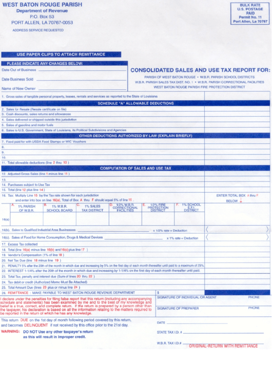 Consolidated Sales And Use Tax Report - West Baton Rouge Parish Printable pdf