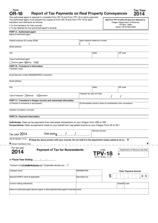 Fillable Form Or-18 - Report Of Tax Payments On Real Property Conveyances - 2014 Printable pdf