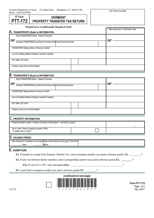 Fillable Form Ptt-172 - Vermont Property Transfer Tax Return - 2017 Printable pdf