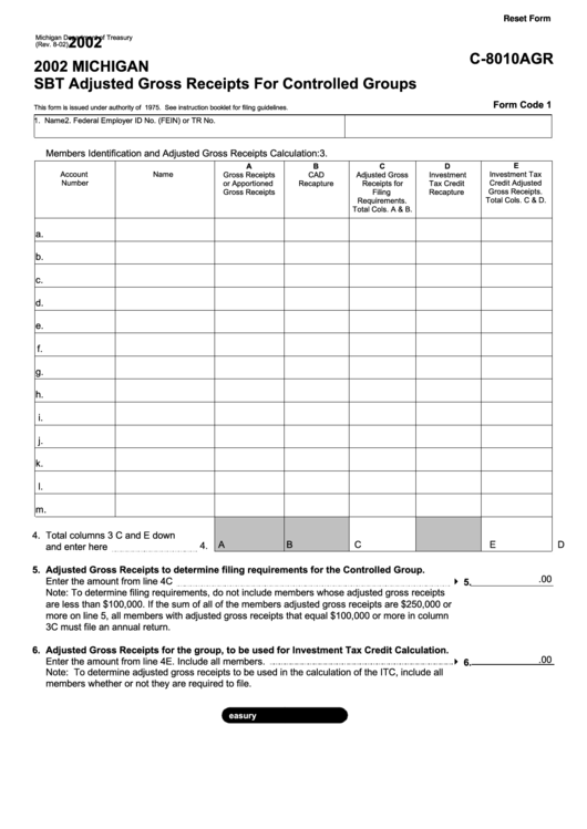 Fillable Form C-8010agr - Sbt Adjusted Gross Receipts For Controlled Groups - 2002 Printable pdf