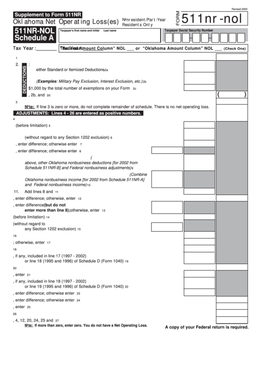 Form 511nr-Nol - Schedule A - Oklahoma Net Operating Loss(Es) - 2002 Printable pdf