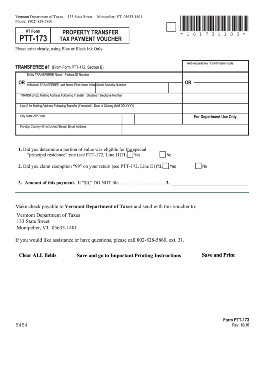 Fillable Form Ptt-173 - Property Transfer Tax Payment Voucher - 2016 Printable pdf