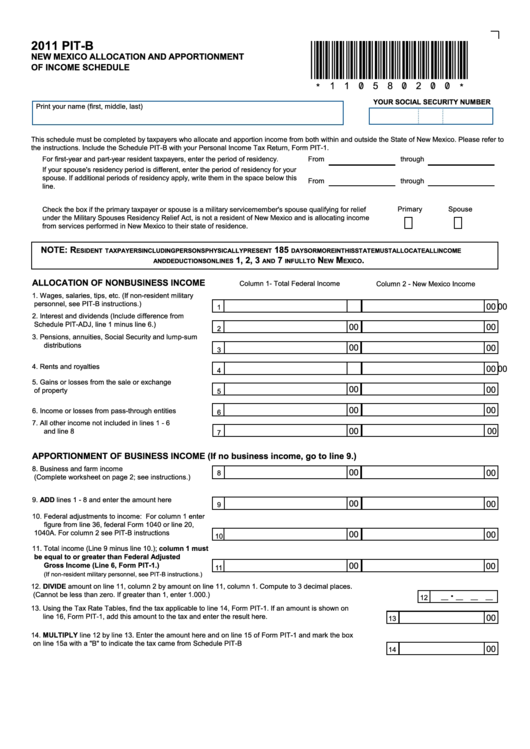 Form Pit-B - New Mexico Allocation And Apportionment Of Income Schedule - 2011 Printable pdf