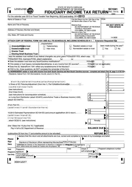 Form Sc1041 - Fiduciary Income Tax Return - 2013 Printable pdf
