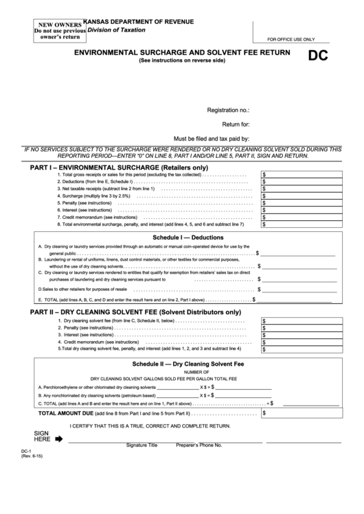 Fillable Form Dc-1 - Environmental Surcharge And Solvent Fee Return - 2015 Printable pdf