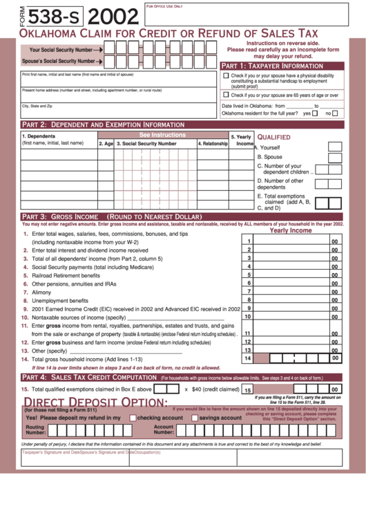 Form 538-S -Claim For Credit Or Refund Of Sales Tax - 2002 Printable pdf