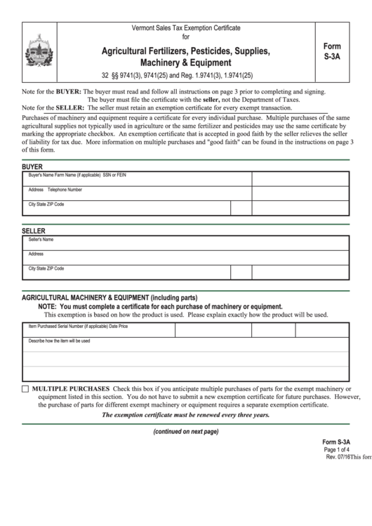 Form S-3a - Vermont Sales Tax Exemption Certificate For Agricultural Fertilizers, Pesticides, Supplies, Machinery & Equipment - 2016 Printable pdf