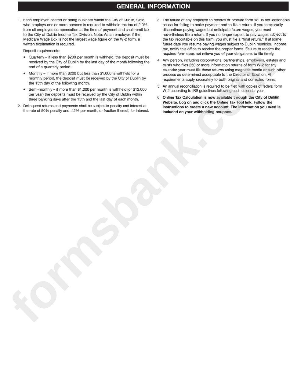 Form W1 - Quarterly Return Of Tax Withheld - City Of Dublin