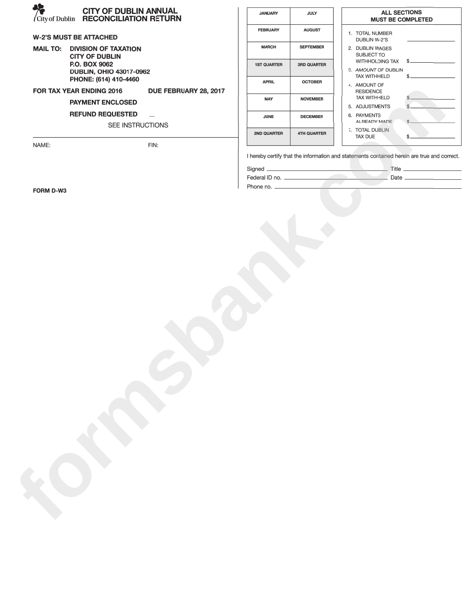 Form W1 - Quarterly Return Of Tax Withheld - City Of Dublin