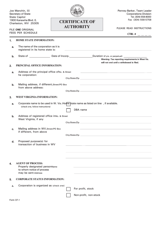 Form Cf-1 - Certificate Of Authority - West Virginia Secretary Of State Printable pdf