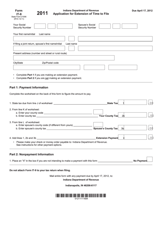 Fillable Form It-9 - Application For Extension Of Time To File - 2011 Printable pdf