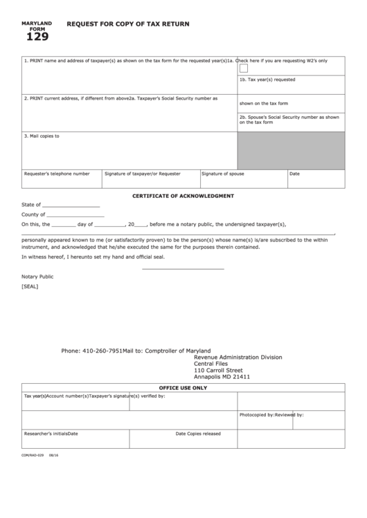 Fillable Form 129 - Request For Copy Of Tax Return Printable pdf