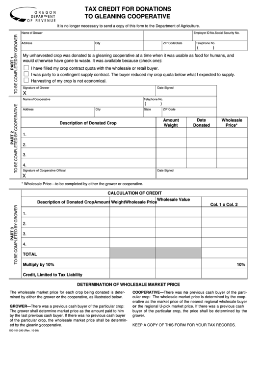 Form 150-101-240 - Tax Credit For Donations To Gleaning Cooperative Printable pdf