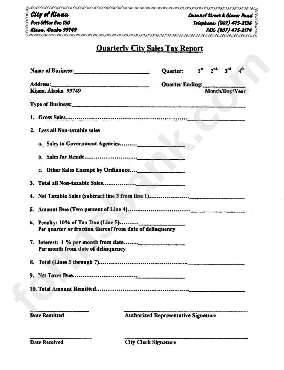 Quarterly City Sales Tax Report - City Of Kiana