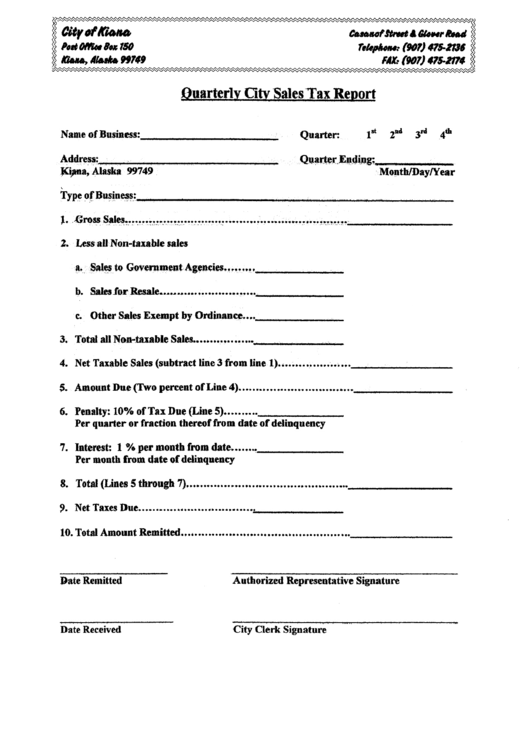 Quarterly City Sales Tax Report - City Of Kiana Printable pdf