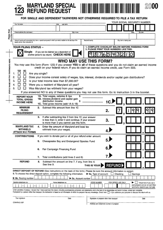 Form 123 - Refund Request For Single And Dependent Taxpayers Not Otherwise Required To File A Tax Return - 2000 Printable pdf