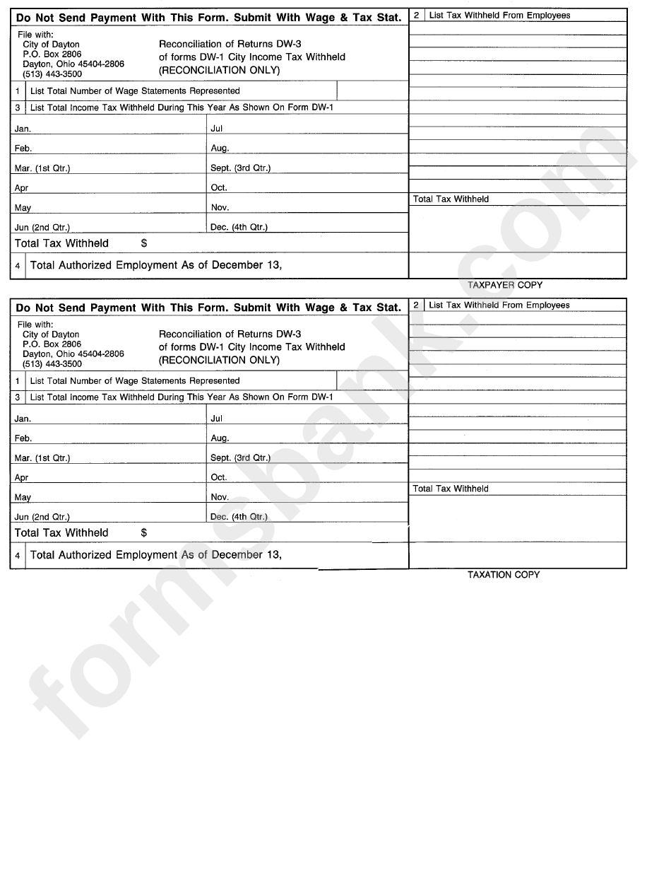 Form Dw-1/dw-3 - Reconciliation Of Returns Of Forms - City Income Tax Withheld