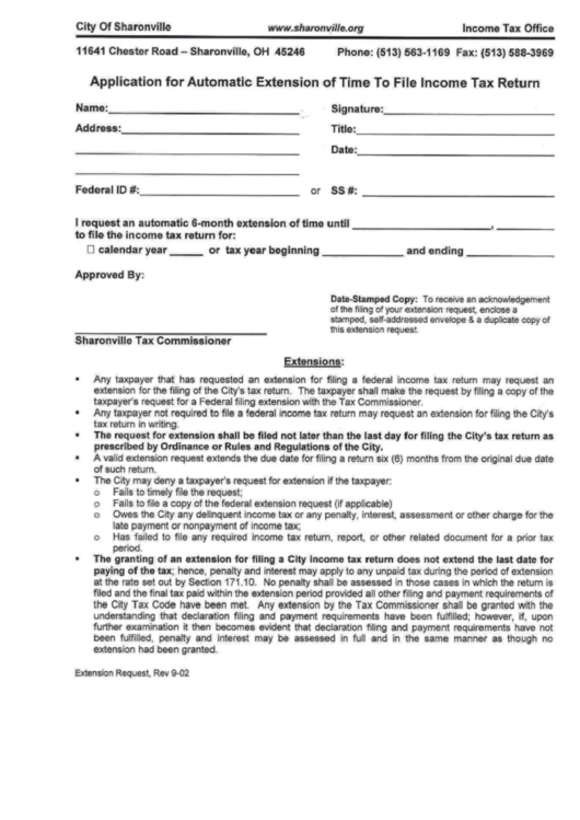 Application For Automatic Extension Of Time To File Income Tax Return Form - City Of Sharonville Printable pdf