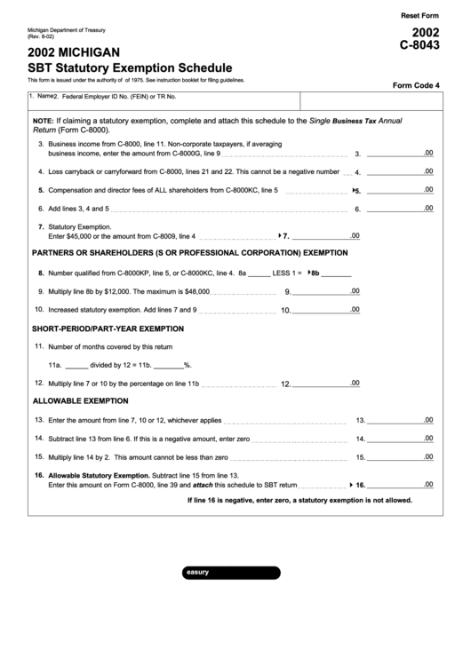 Fillable Form C-8043 - Michigan Sbt Statutory Exemption Schedule - 2002 Printable pdf