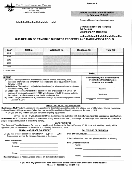 Return Of Tangible Business Property And Machinery And Tools Form - 2013 Printable pdf