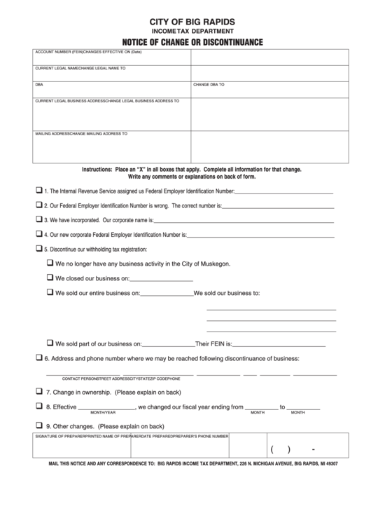 Notice Of Change Or Discontinuance Form - City Of Big Rapids Printable pdf