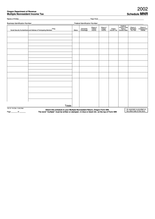 Form 150-101-154 - Schedule Mnr - Multiple Nonresident Income Tax - 2002 Printable pdf