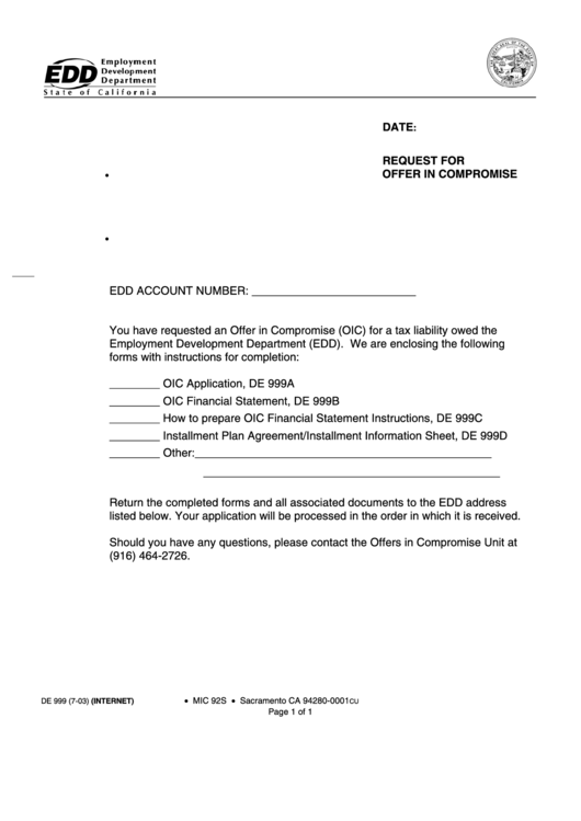 Form De 999 - Request For Offer In Compromise- 2003 Printable pdf