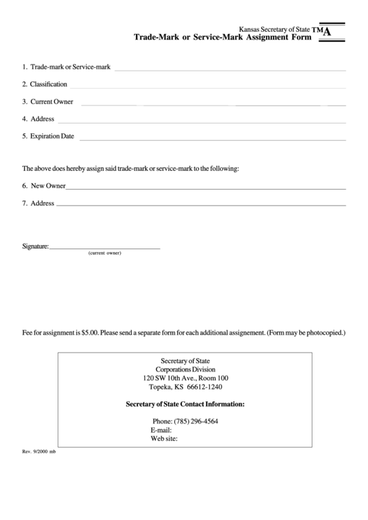Trade-Mark Or Service-Mark Assignment Form Printable pdf
