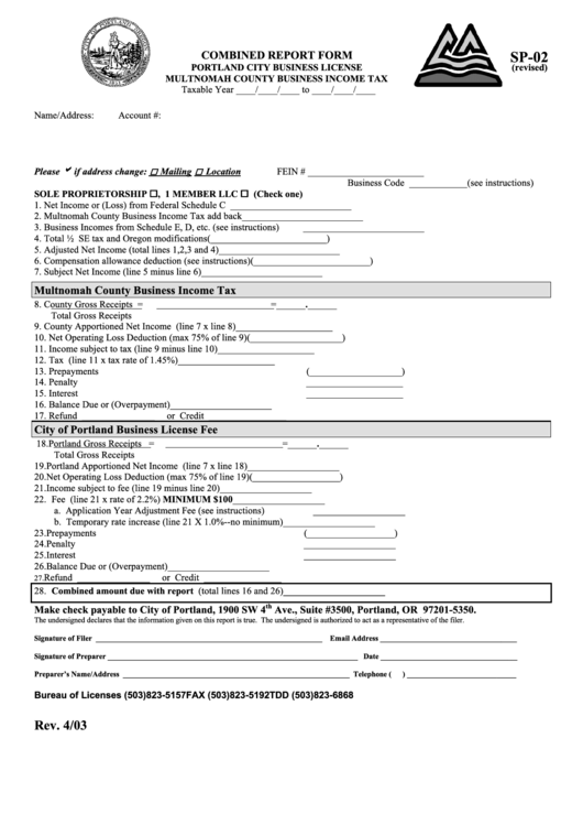 Form Sp-02 - Combined Report Business Income Tax - Multnomah County Business Income Tax Printable pdf