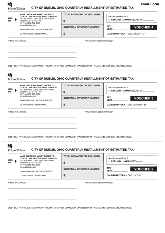 Fillable Form Dqi-1 - Quarterly Installment Of Estimated Tax - City Of Dublin Printable pdf
