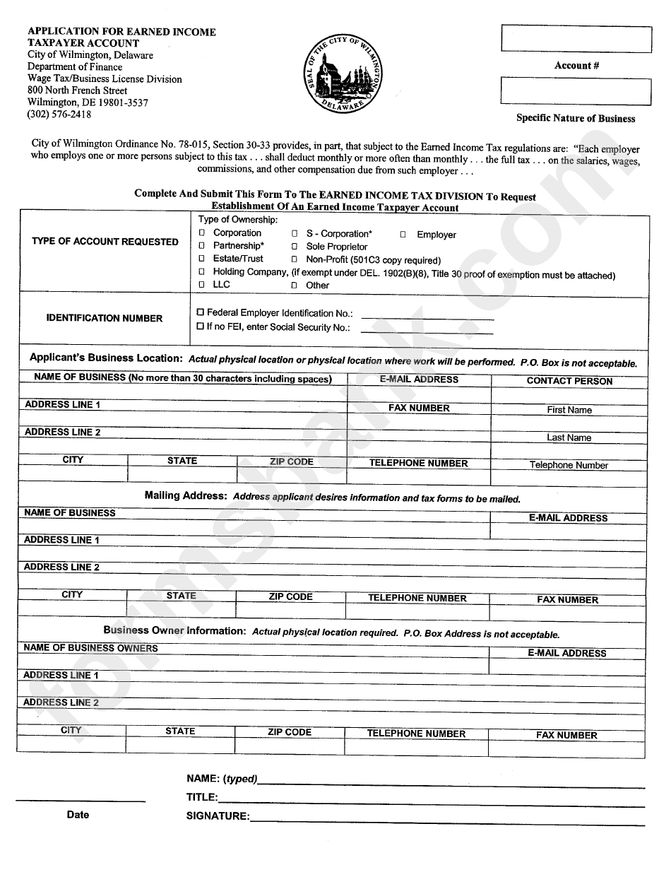 Application For Earned Income Taxpayer Account Form - City Of Wilmington