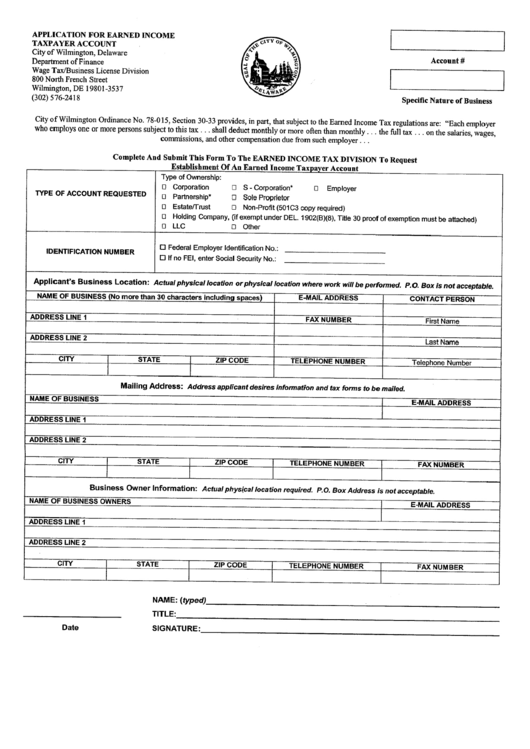 Application For Earned Income Taxpayer Account Form - City Of Wilmington Printable pdf