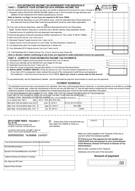 Fillable Form 760es - Estimated Income Tax For Individuals - 2014 Printable pdf