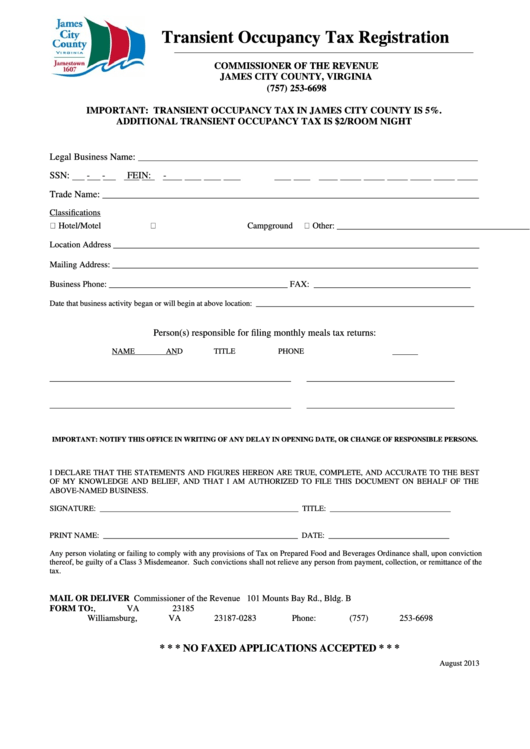 Fillable Transient Occupancy Tax Registration Form - James City County - 2013 Printable pdf