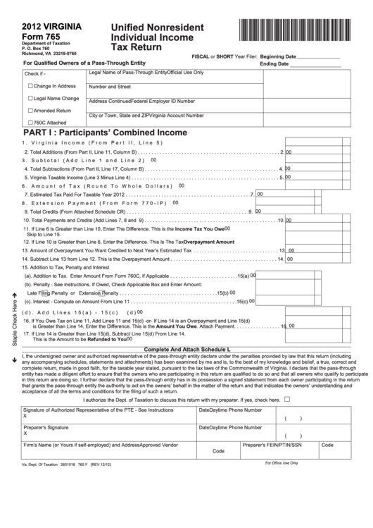 Fillable Form 765 - Unified Nonresident Individual Income Tax Return - 2012 Printable pdf