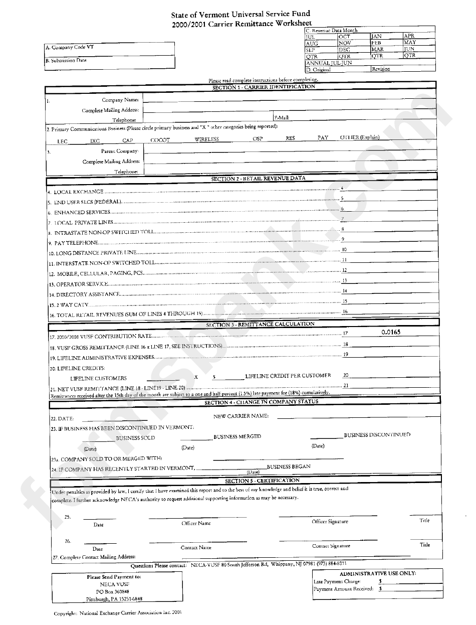 Carrier Remittance Worksheet - 2000/2001