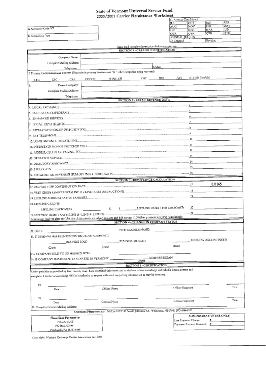 Carrier Remittance Worksheet - 2000/2001 Printable pdf